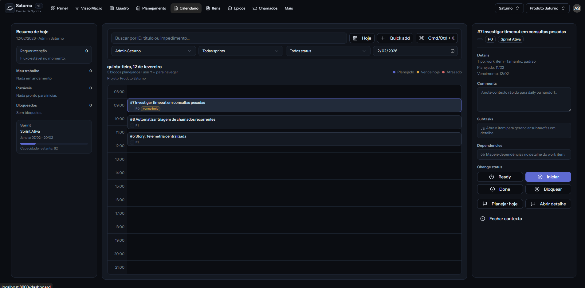 Calendário da sprint no Saturno